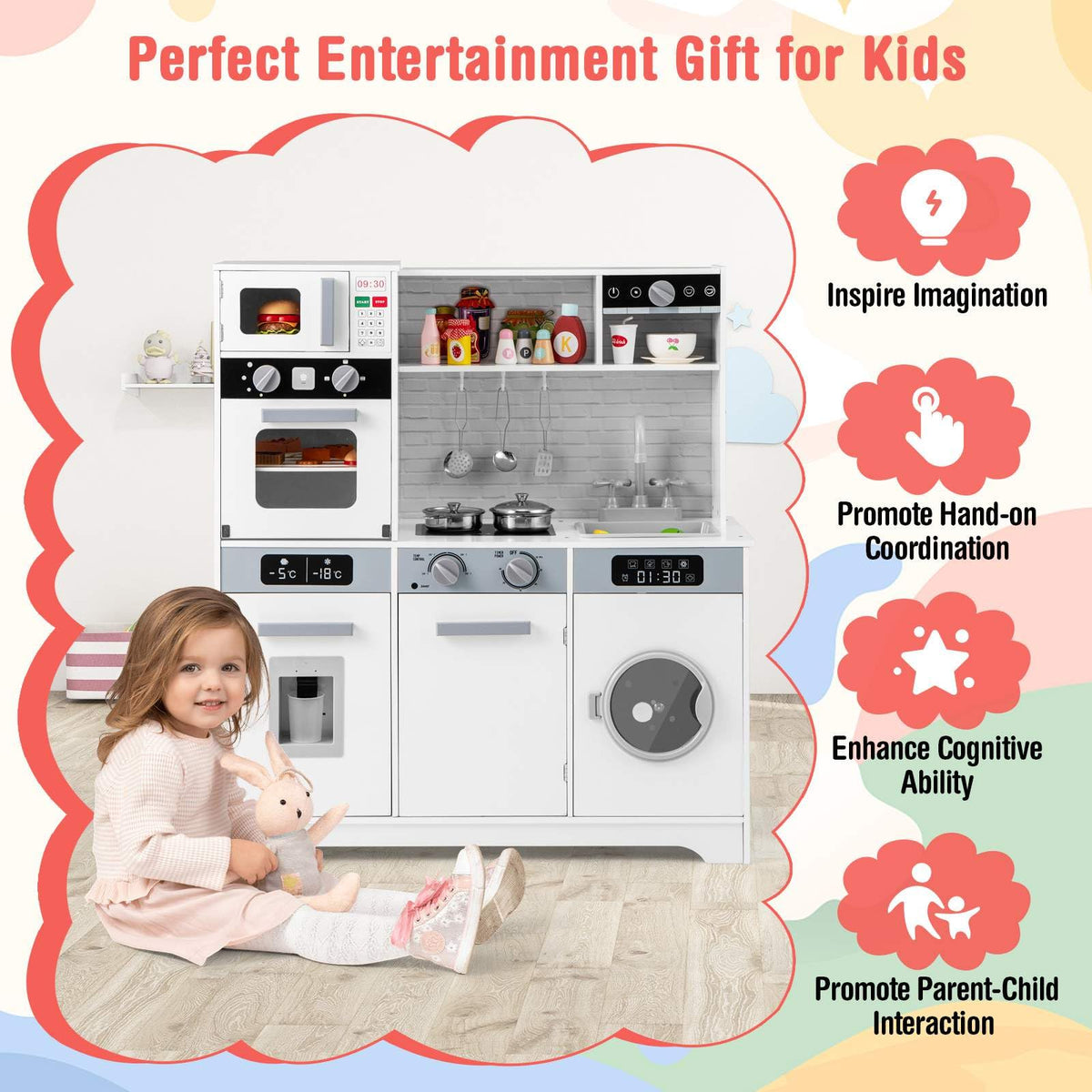 Pretend Play Kitchen for Kids with Coffee Maker Sink Faucet