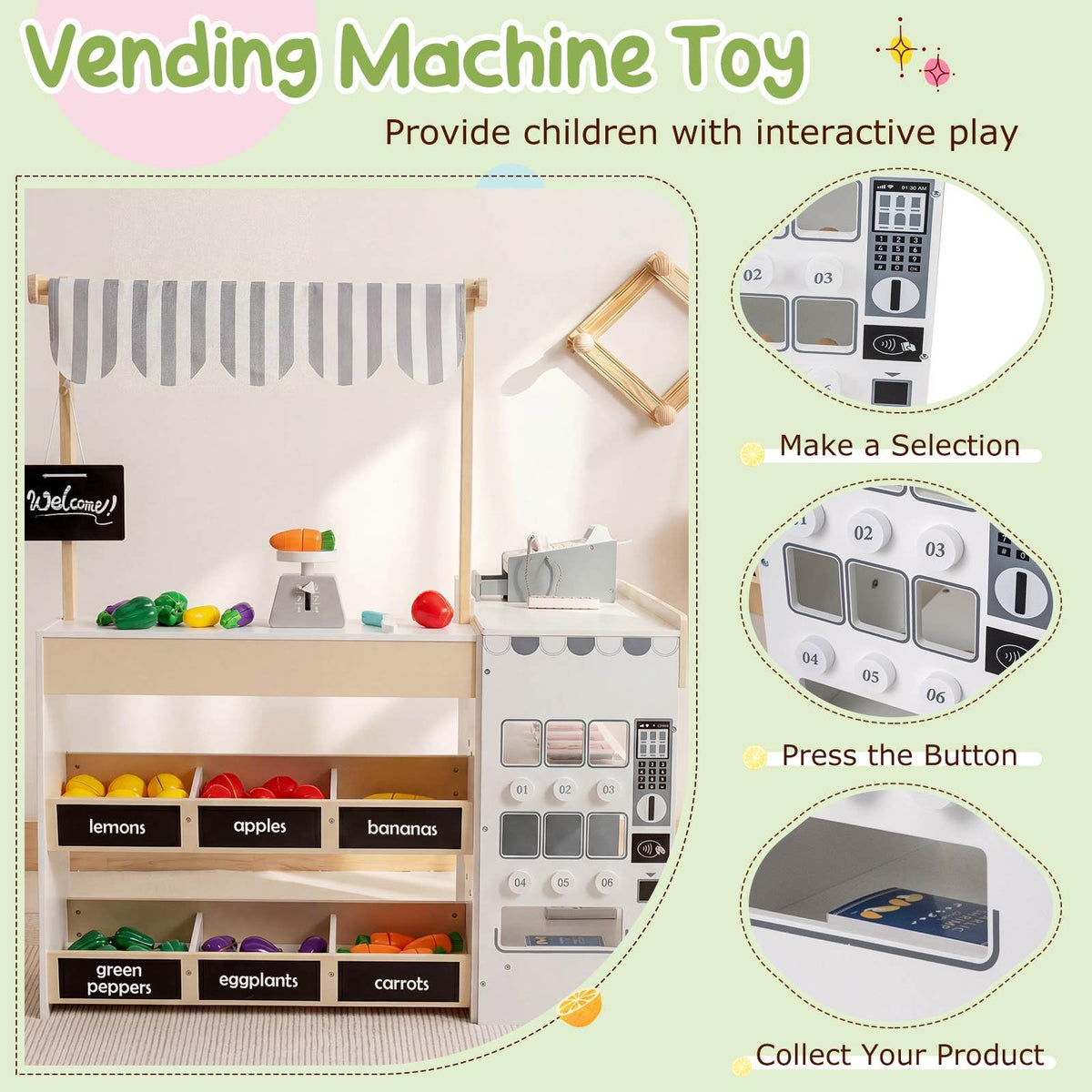 Kids Grocery Store Playset, Wooden Pretend Play Supermarket