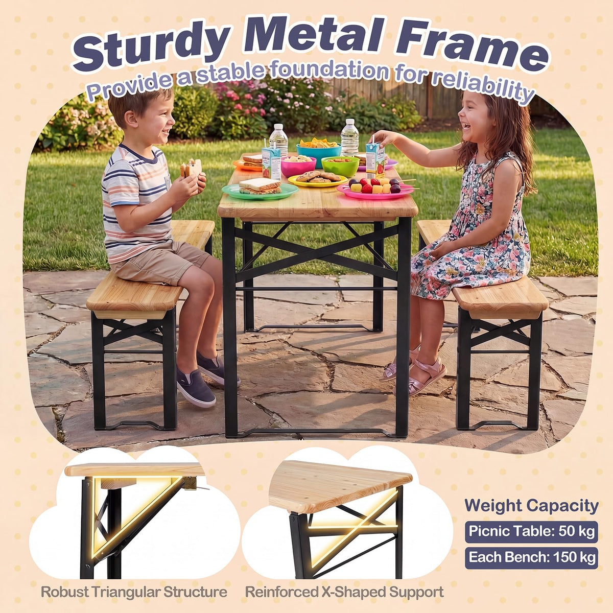 110 CM Folding Kids Picnic Table & Bench Set, No Assembly Wooden Toddler Table