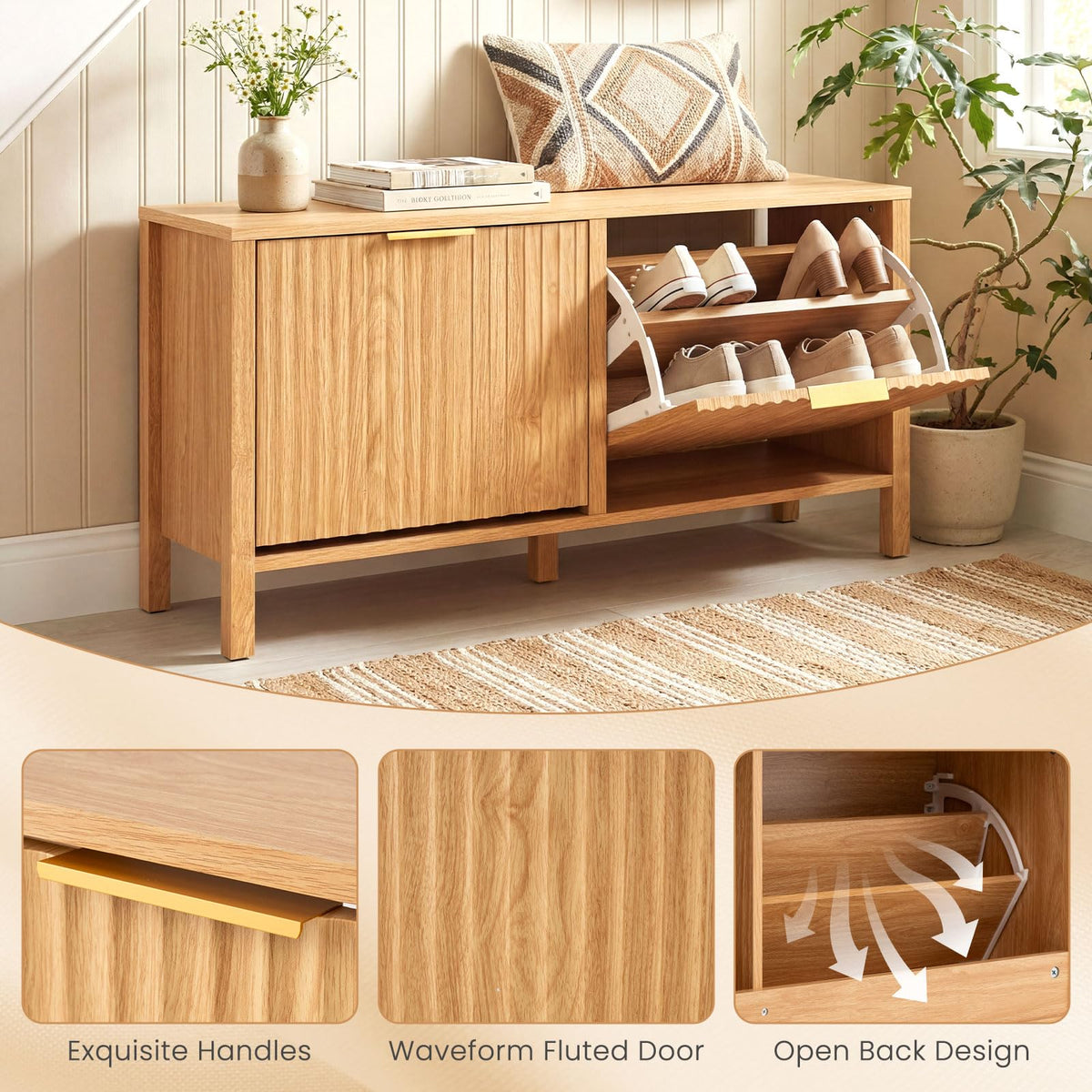 100CM Shoe Storage Bench, Narrow Wooden Entryway Bench with 2 Flip Drawers