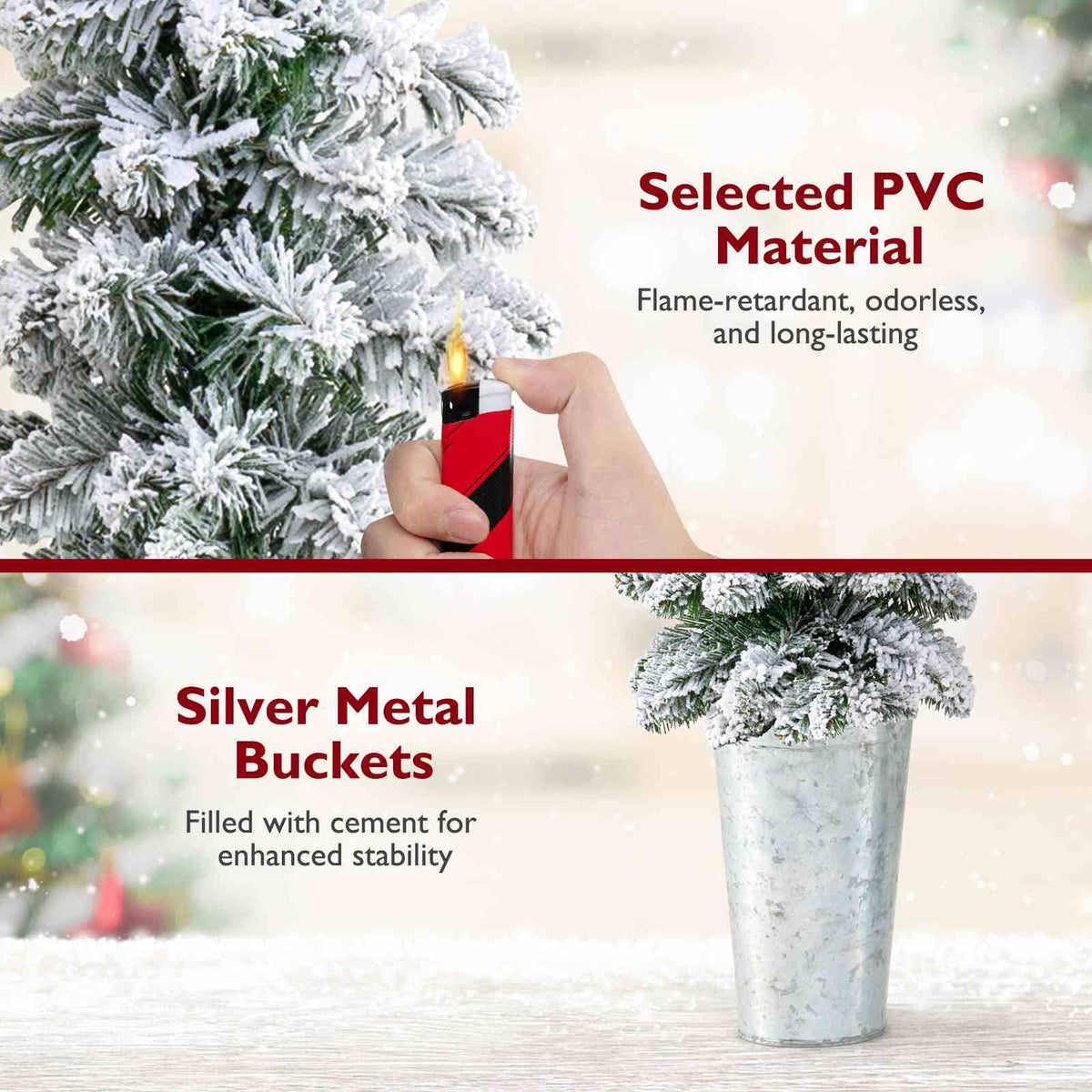 Set of 3 Snow-Flocked Christmas Tree with Silver Metal Buckets for Decoration