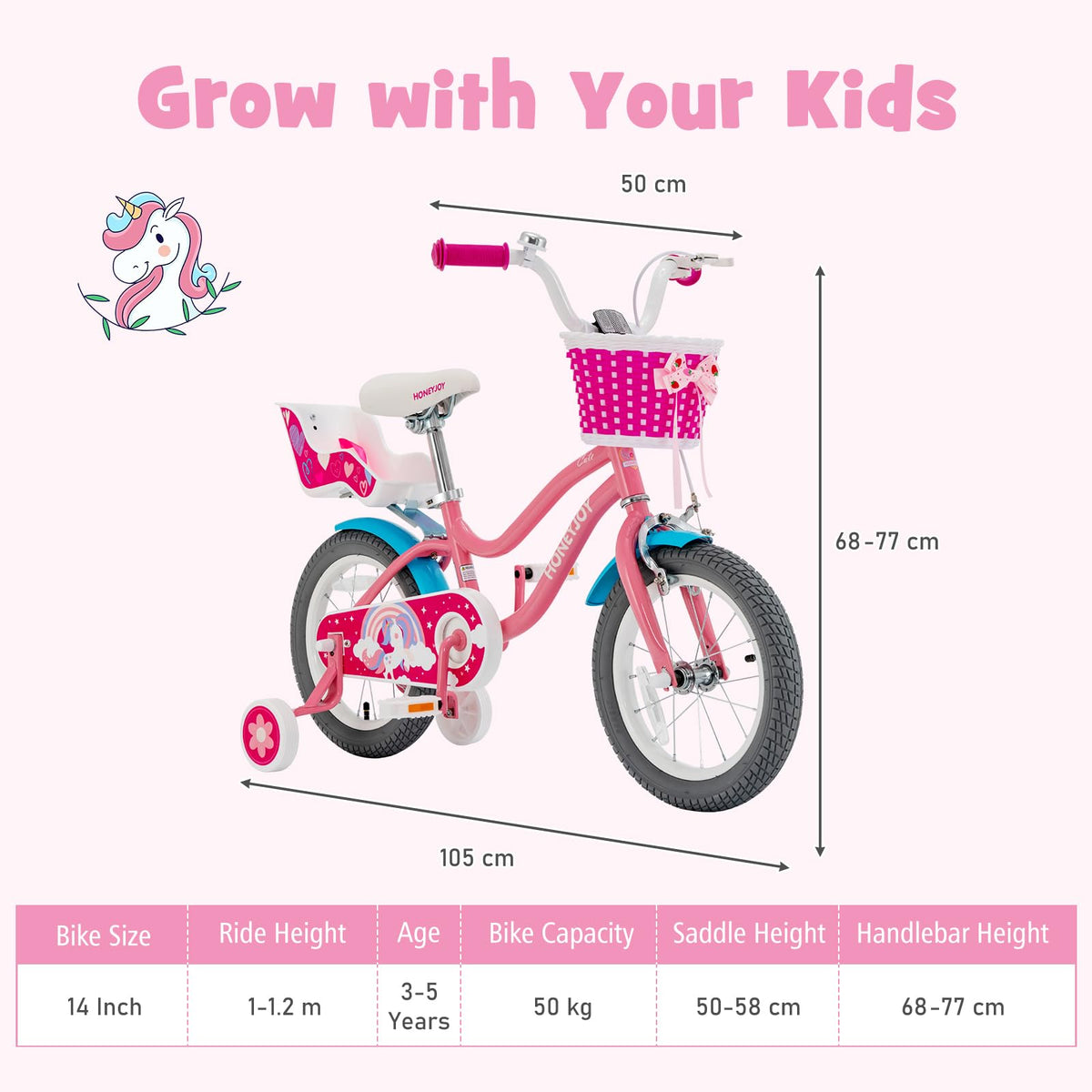 14" Kids Bicycle w/Training Wheels & Front Handbrake, Kids Bike with Doll Seat & Basket