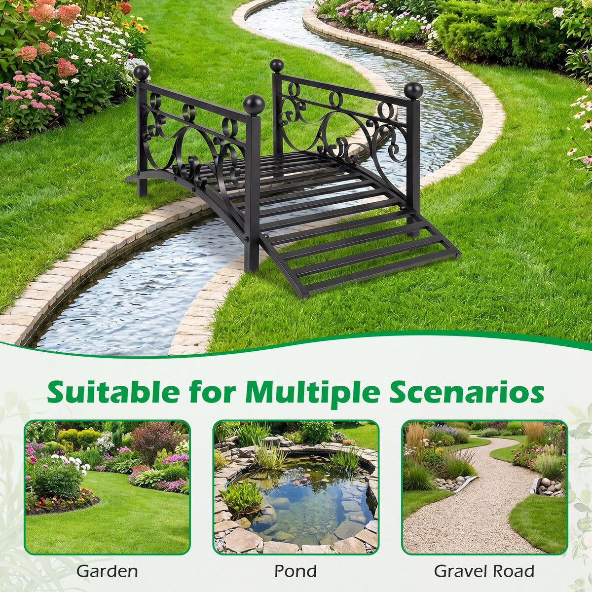 Garden Metal Bridge with Handrails, Outdoor Arched Bridge w/Dual Patterned Side Rails