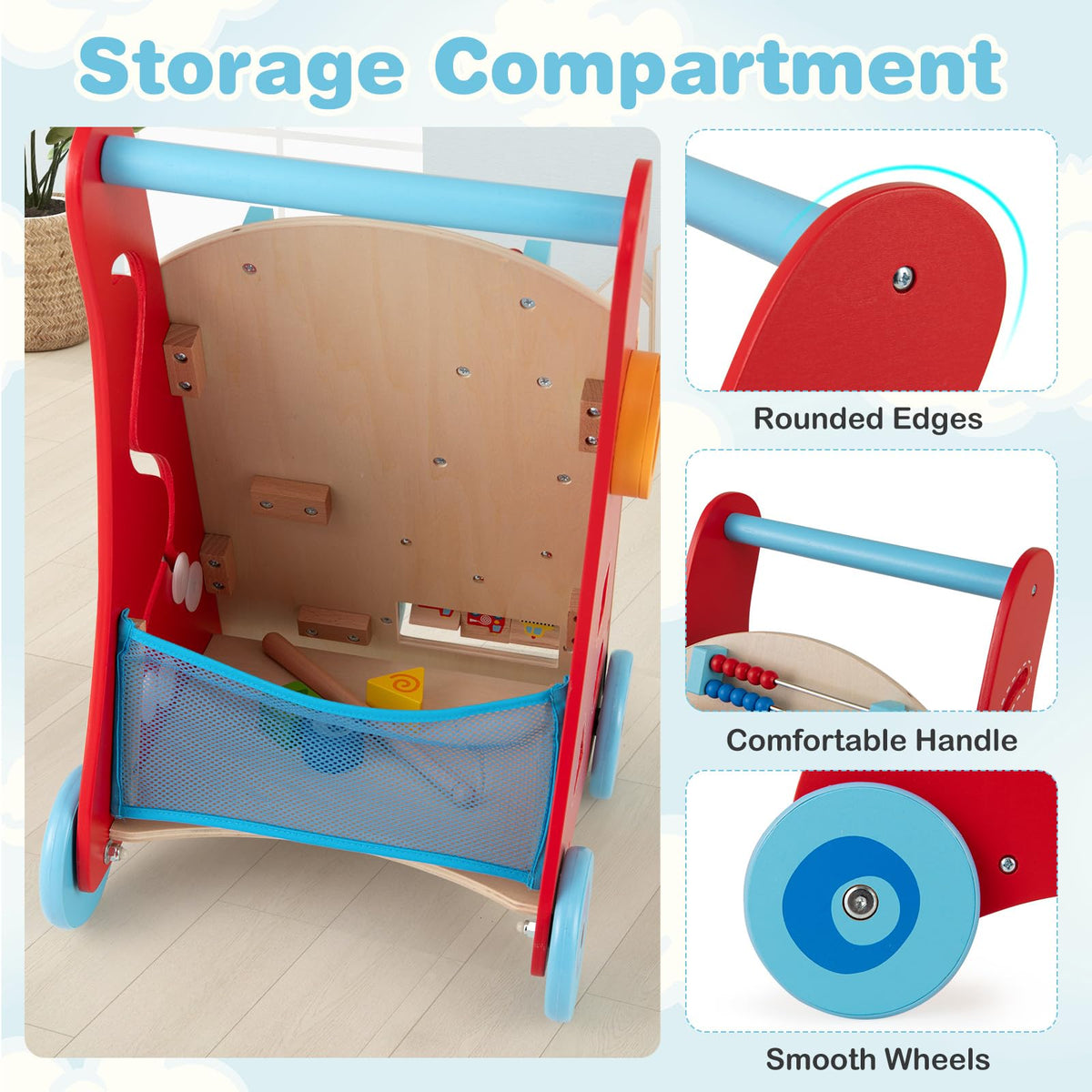 Wooden Baby Push Walker with Storage and Wheels for Boys and Girls 3+ Years Old