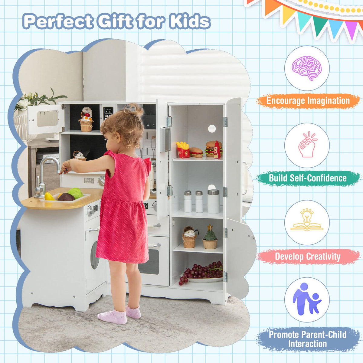 Wooden Play Kitchen with Stove for Toddlers