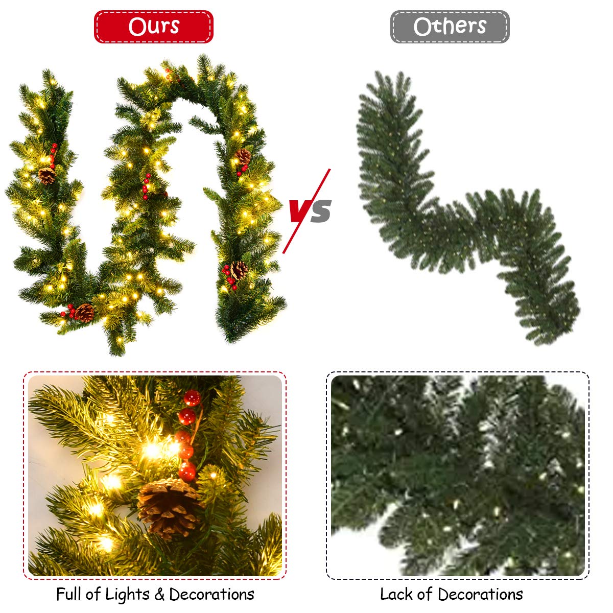 2.7m Pre-lit Christmas Pine Garland with 100 LED Lights and 200 Tips