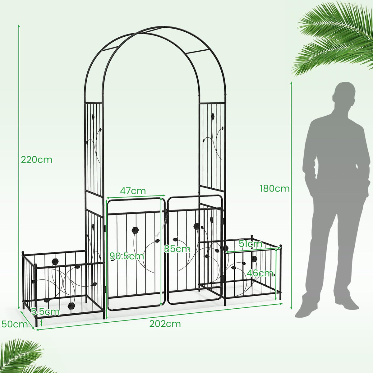 2.2M Garden Arbor, Metal Arch Trellis Lockable Gate, Arched Top Arbor Trellis w/Side Planters