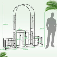 2.2M Garden Arbor, Metal Arch Trellis Lockable Gate, Arched Top Arbor Trellis w/Side Planters