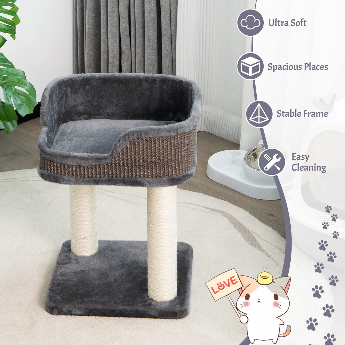 Cat Tree Tower, Compact 2-Tier Cat Activity Tree with Large Plush Top Perch Bed, Natural Sisal Wrapped Scratching Posts