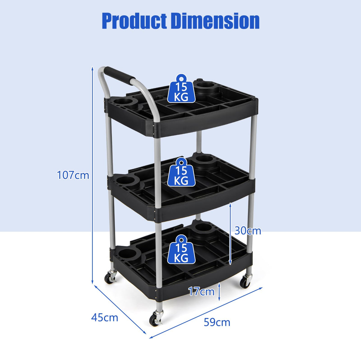 3 Tier Rolling Tool Cart, Rustproof Metal Utility Cart w/Handle