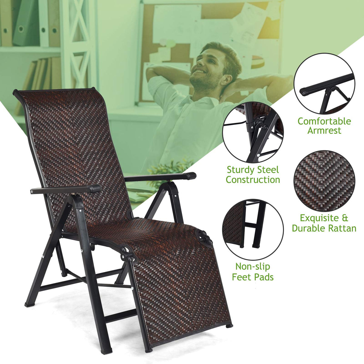 Giantex 2Pcs Folding Reclining Rattan Chair, Portable Chaise Lounge Chair w/ Adjustable Positions