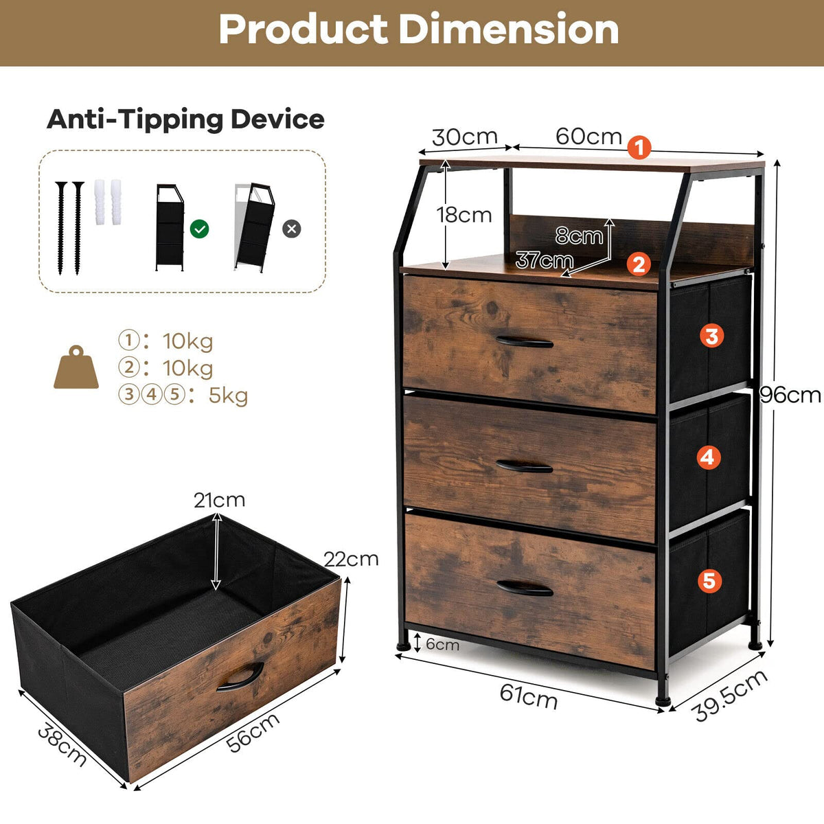 Giantex Nightstand Dresser Organizer Unit, 3 Fabric Drawers Vertical Storage Towel , Rustic Brown
