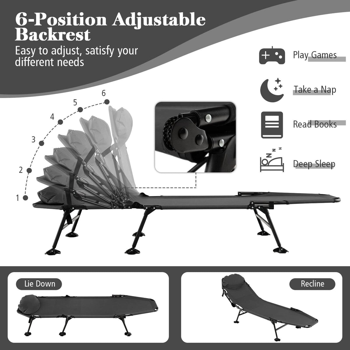 Folding Camping Cot W/Detachable Mattress, 6-Position Adjustable Backrest