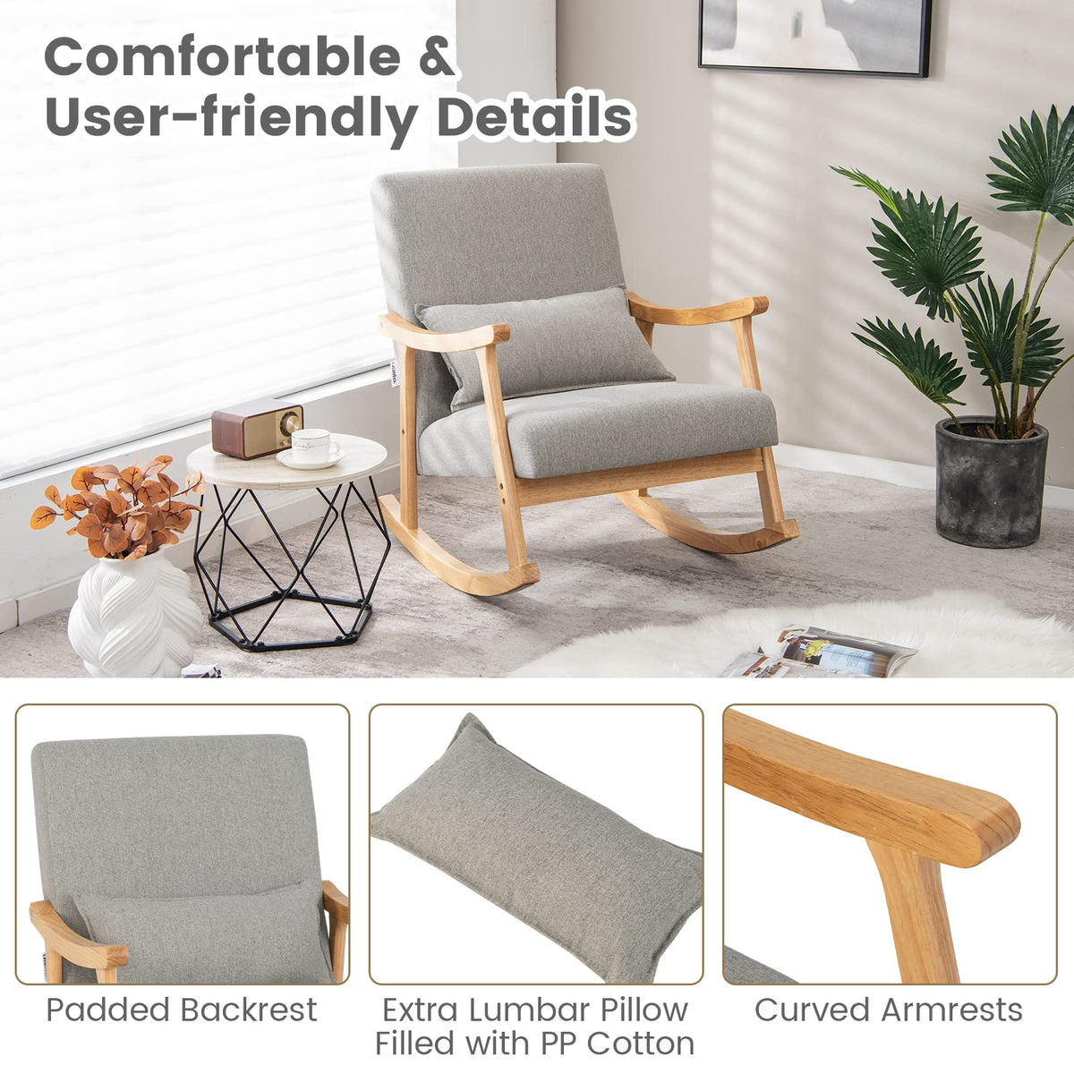 Giantex Upholstered Nursery Rocking Chair w/Lumbar Pillow