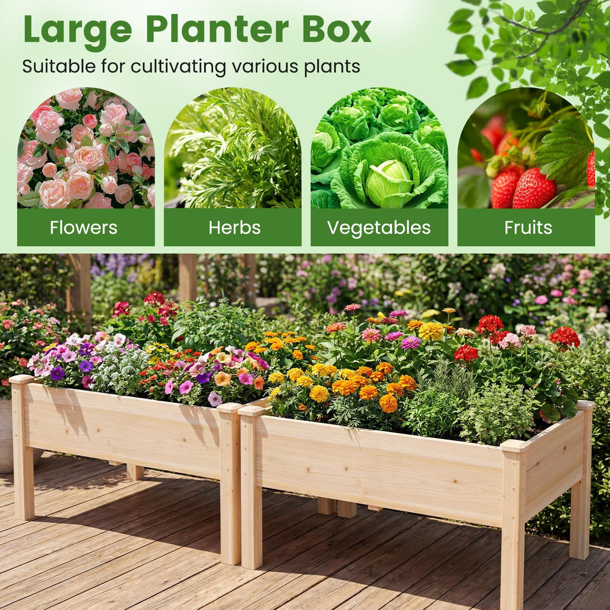 Wooden Raised Garden Bed with Legs, Natural Fir Wood Elevated Planter Box