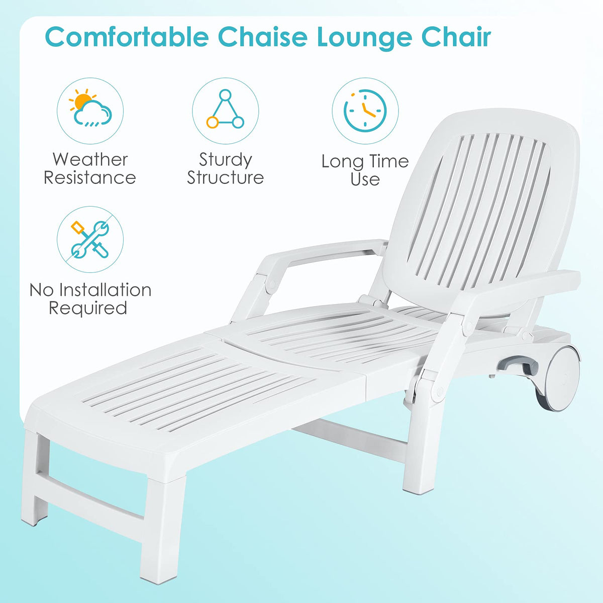 Outdoor Chaise Lounge Chair, 5-Position Adjustable Recliner with Storage Box and Flexible Wheels