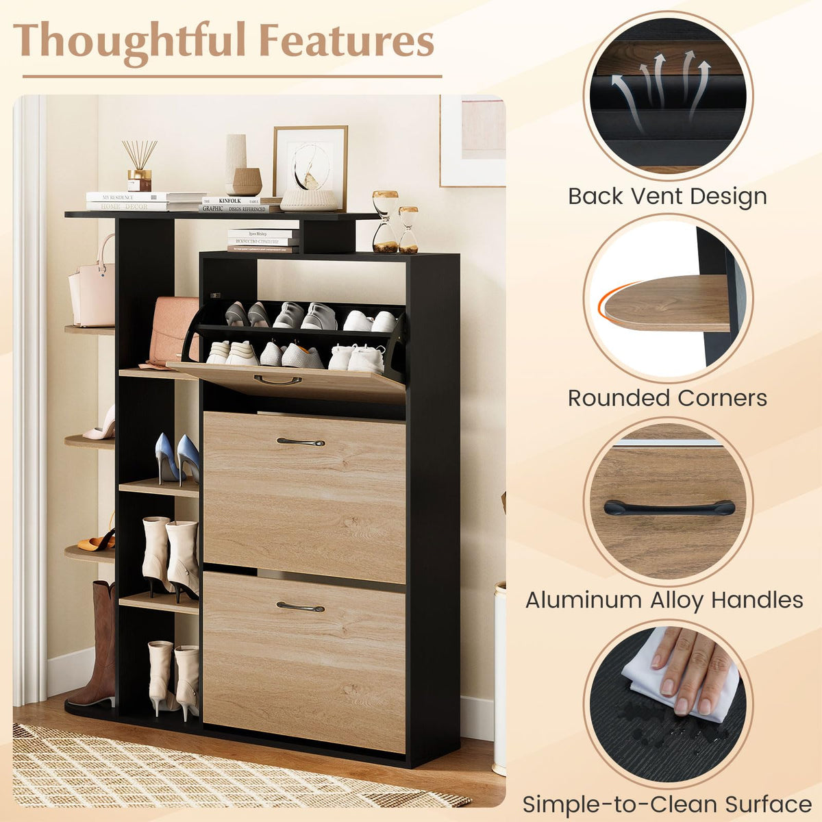 Shoe Storage Cabinet Freestanding Shoe Organizer with 3 Flip Drawers