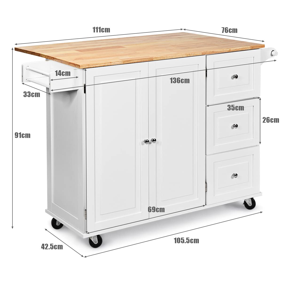 Giantex Kitchen Island Cart, Large Trolley Cart w/ Drop-Leaf Tabletop, Large Cabinet, 3 Drawers, Spice Rack, Towel Rack, Rolling Serving Trolley Cabinet