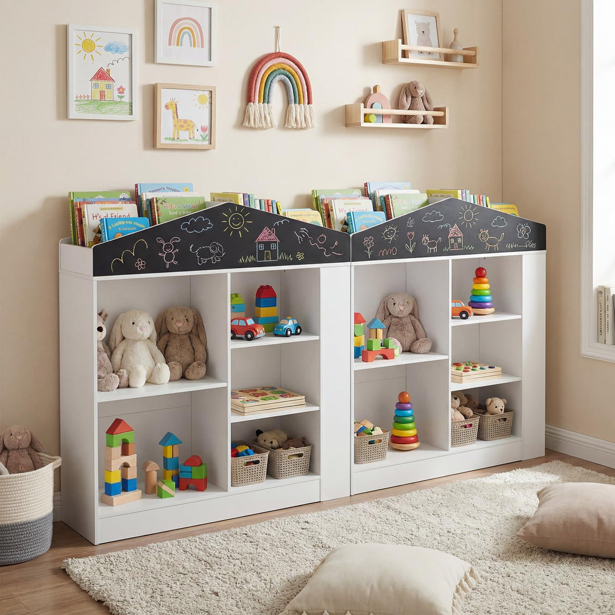 Kids Toy Storage Box House Shaped with Compartments and Chalkboard
