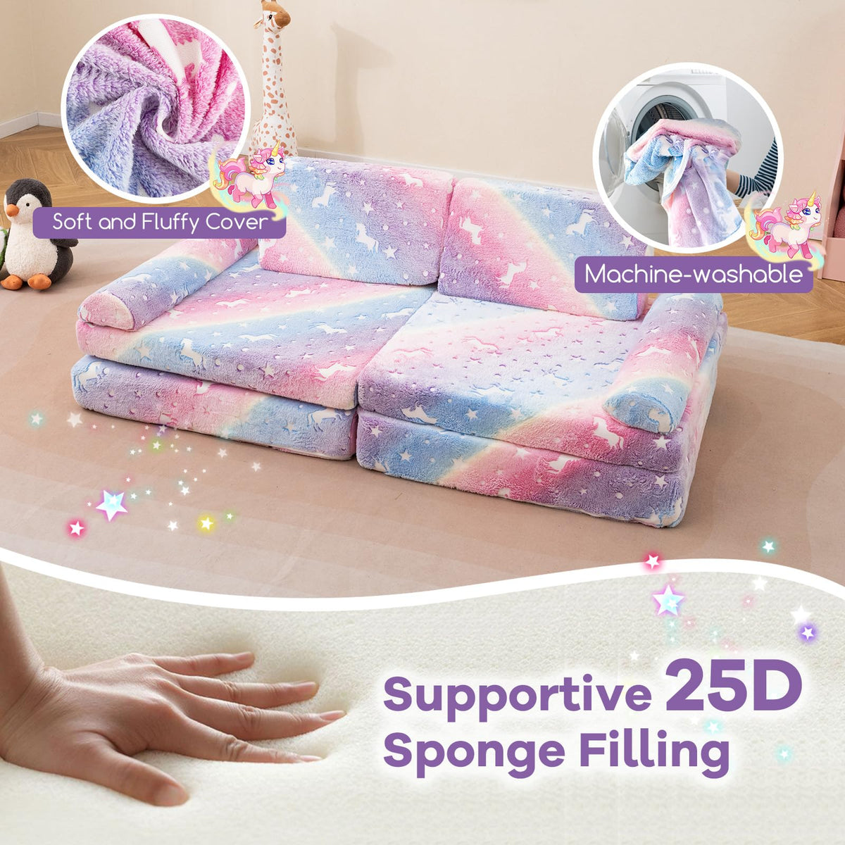 6 Pcs Modular Kids Play Couch with Handles for Building Fort Playroom