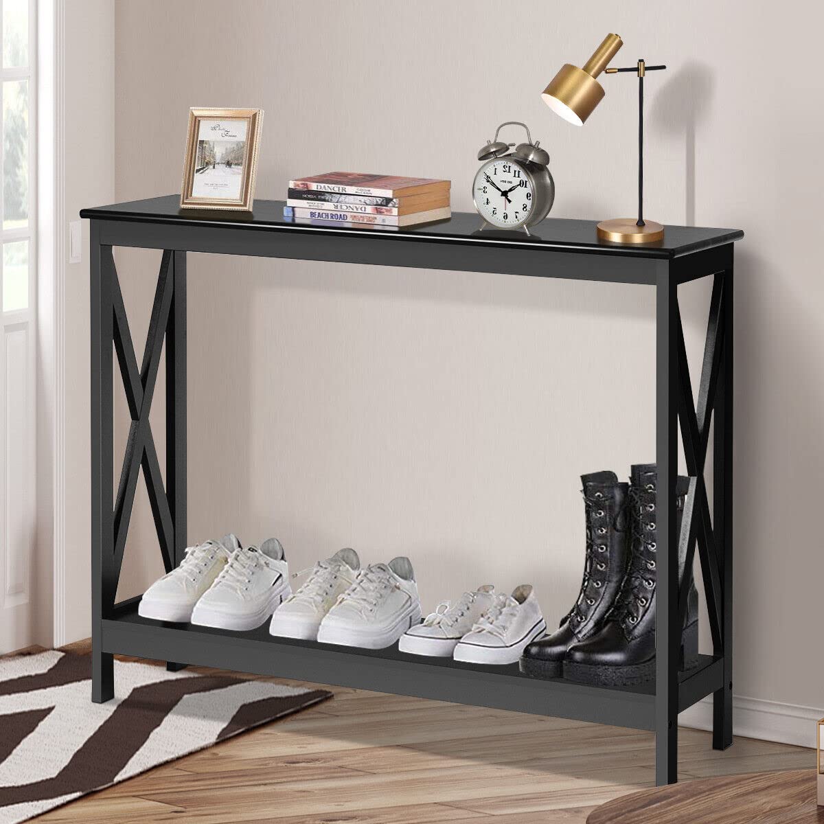 Giantex Industrial 3-Tier Console Table, Rustic Sofa Side Table with Storage Shelf