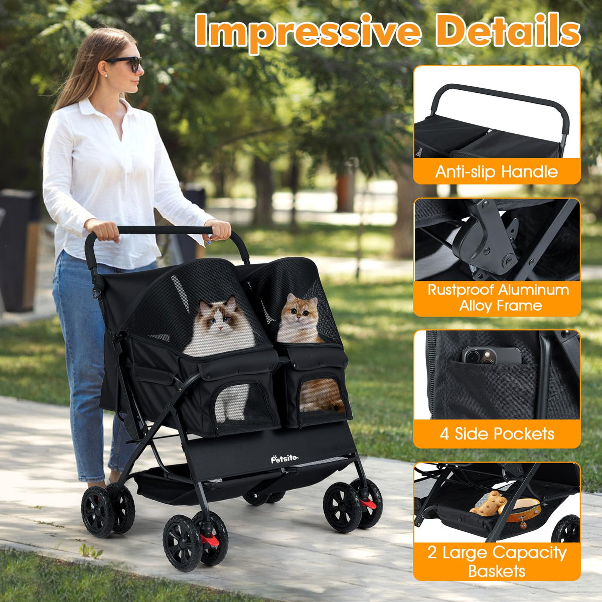 Double Pet Stroller Foldable Dog Walk Jogger with Adjustable Sunshade