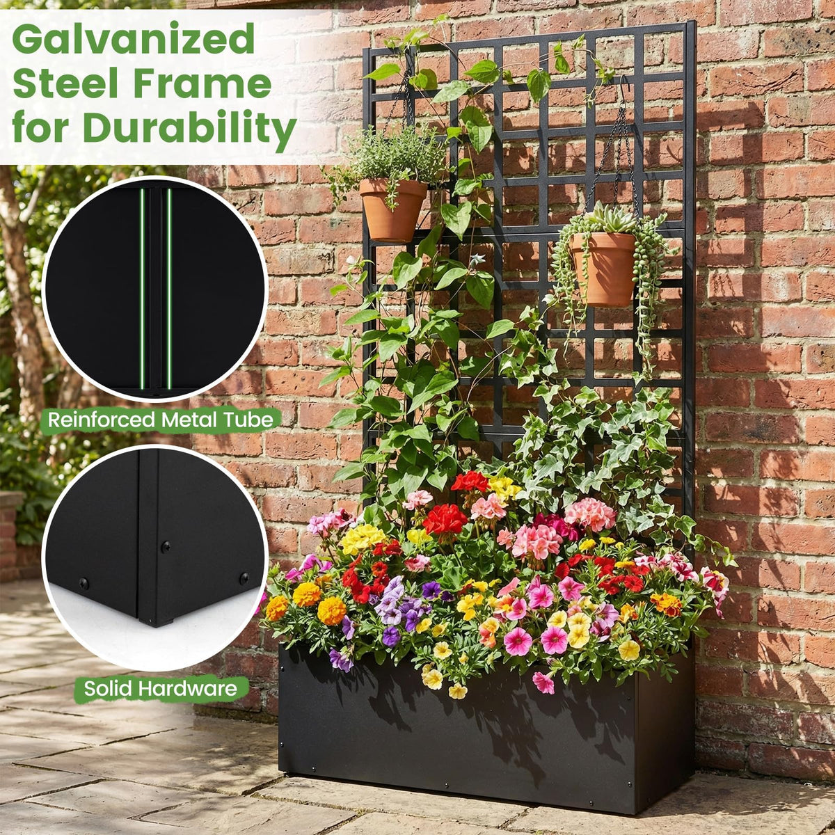 Metal Raised Garden Bed with Trellis, 90 x 40 x 180 cm Galvanized Planter Box