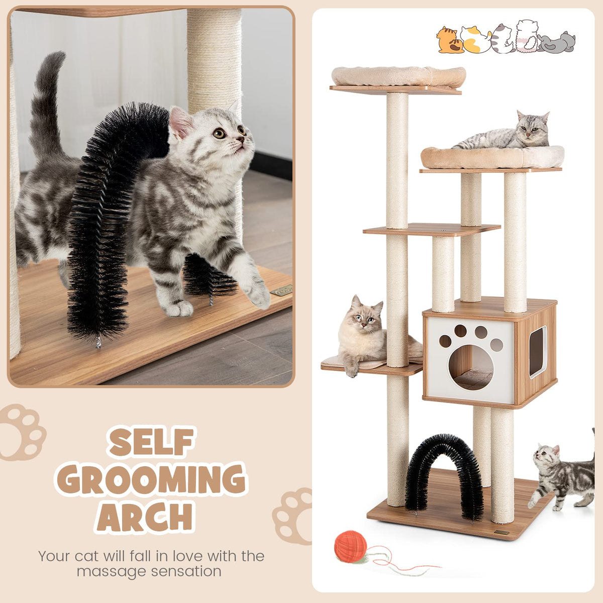 Modern Cat Tree for Indoor Cats, Multi-Level Tall Cute Cat Tree with 2 Top Plush Perches