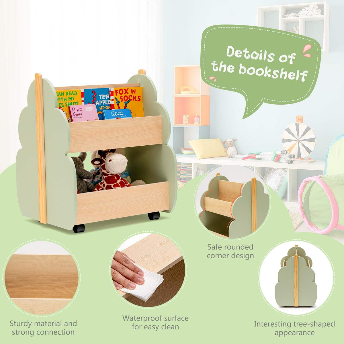 Kids Wooden Bookshelf with Universal Wheels and 2-Tier Storage Shelf