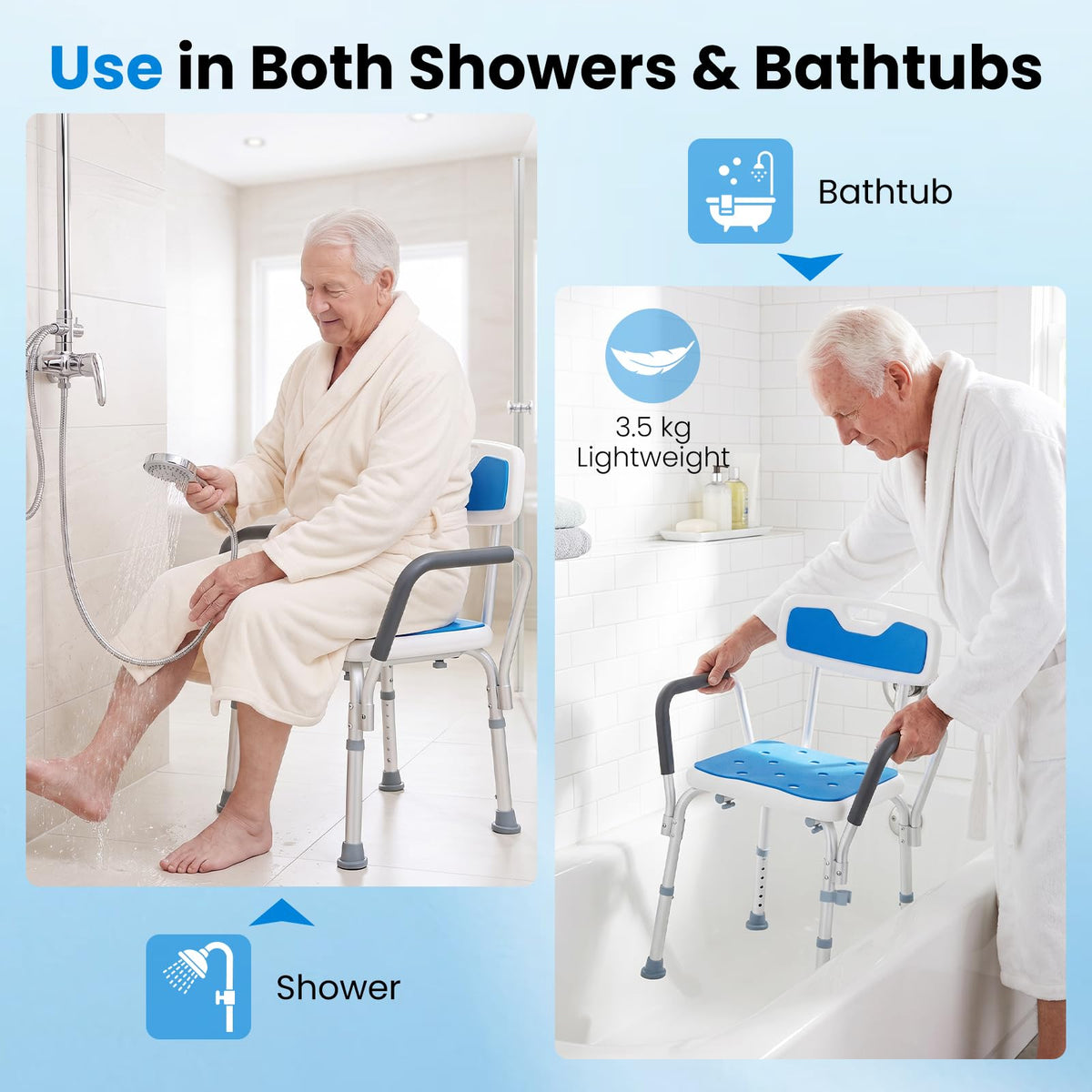 6-PositionAdjustable Height Shower Chair with Back and Arms