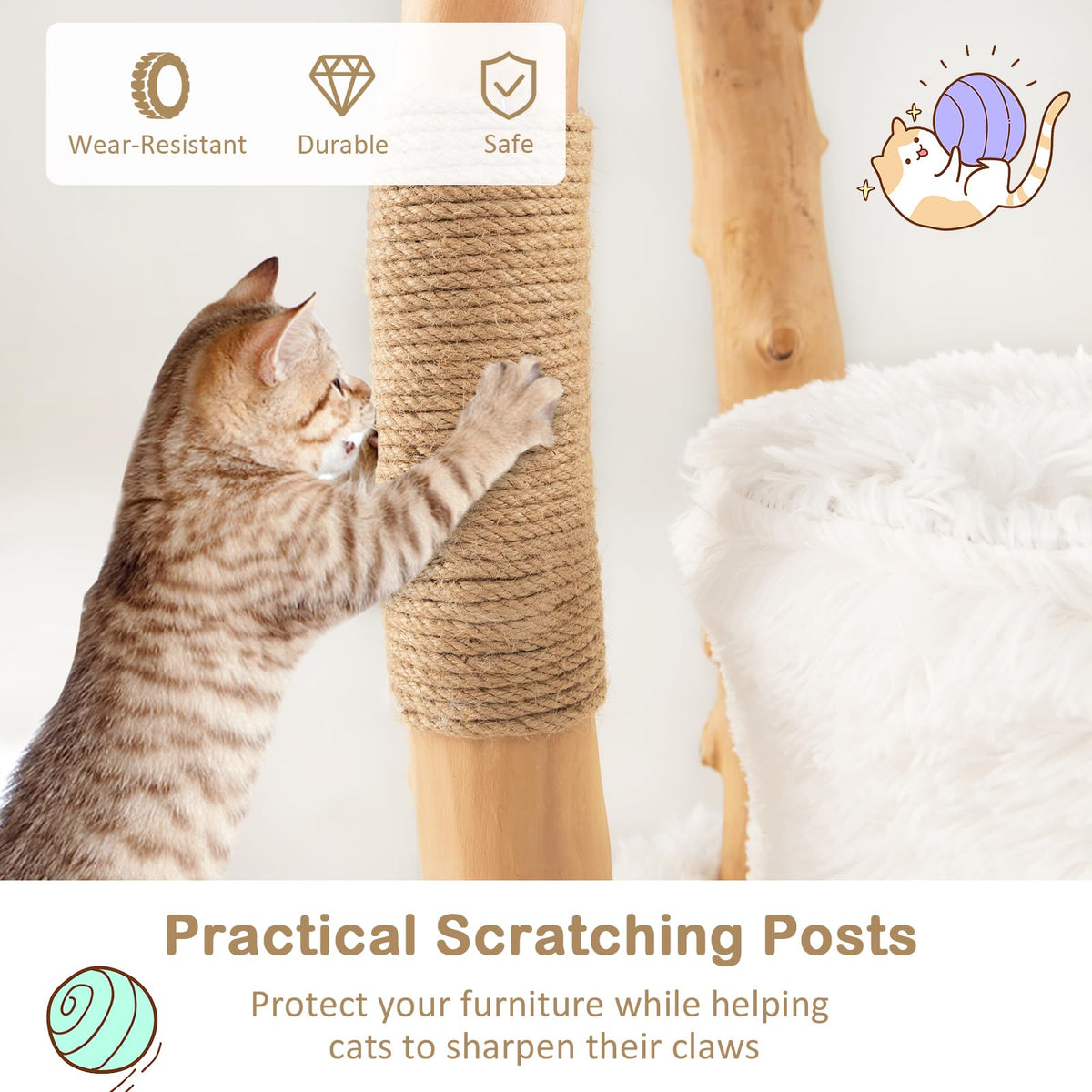124 CM Tall Wooden Cat Tree, Solid Wood Cat Tower