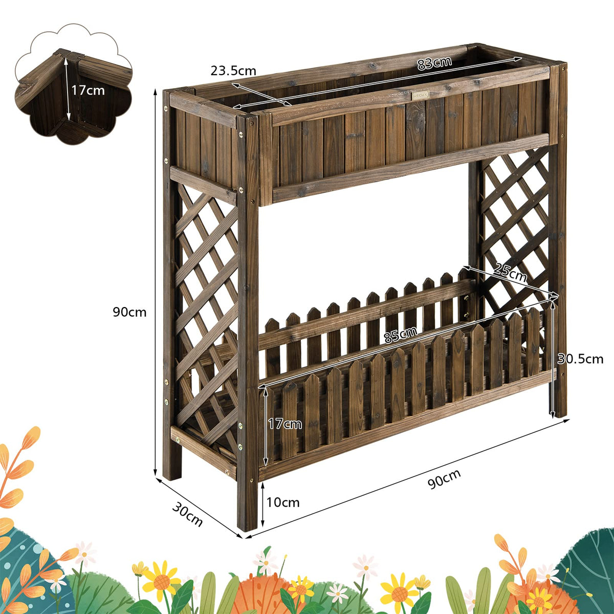 Giantex Wooden Raised Garden Bed, 2-Tier Elevated Planter Box Stand w/Shelf Fence
