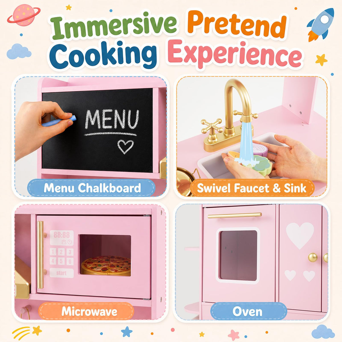 Wooden Play Kitchen for Kids Toddlers with Real Lights and Sounds