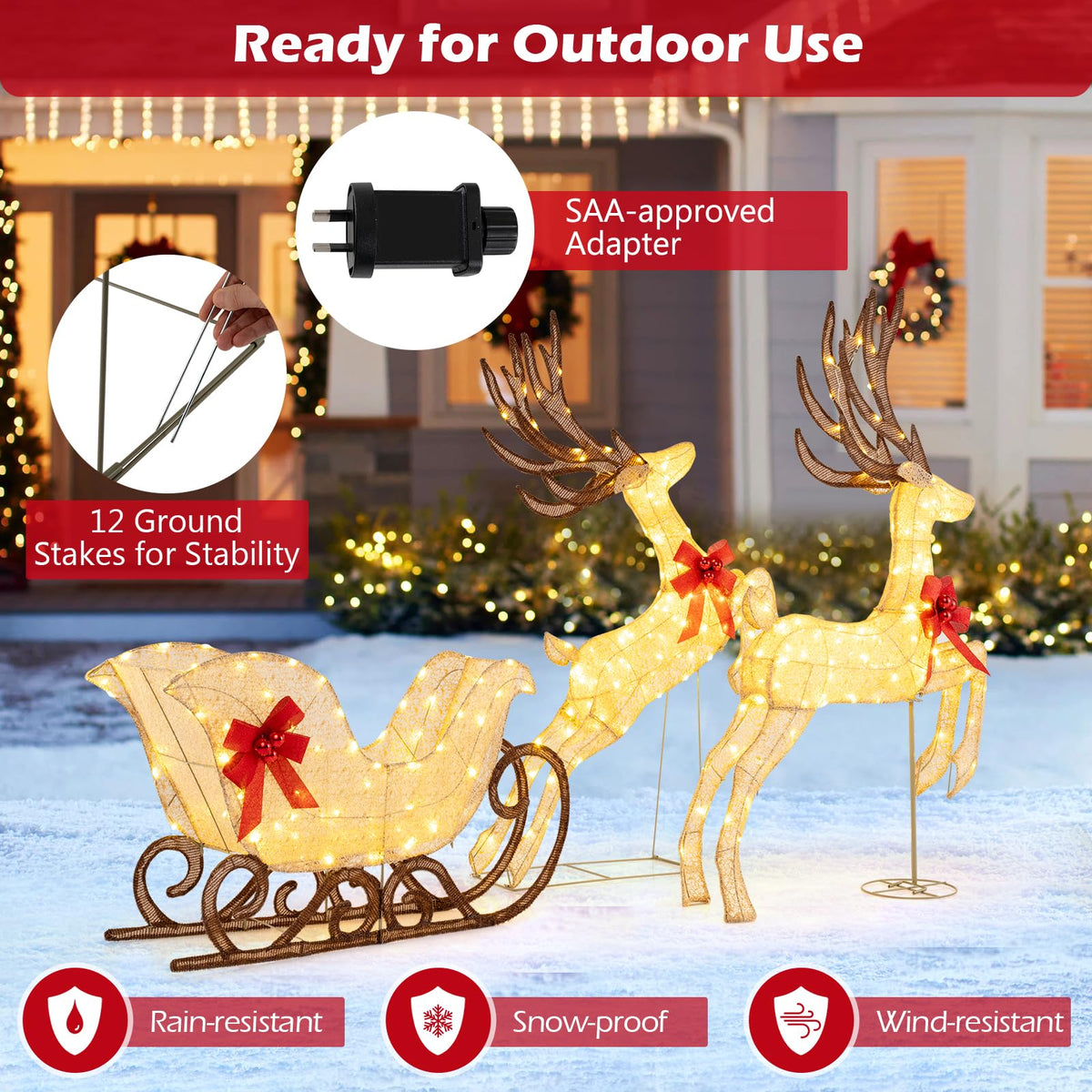 3-Piece Christmas Lighted Reindeer & Sleigh Set, Lighted Xmas Deer Decoration