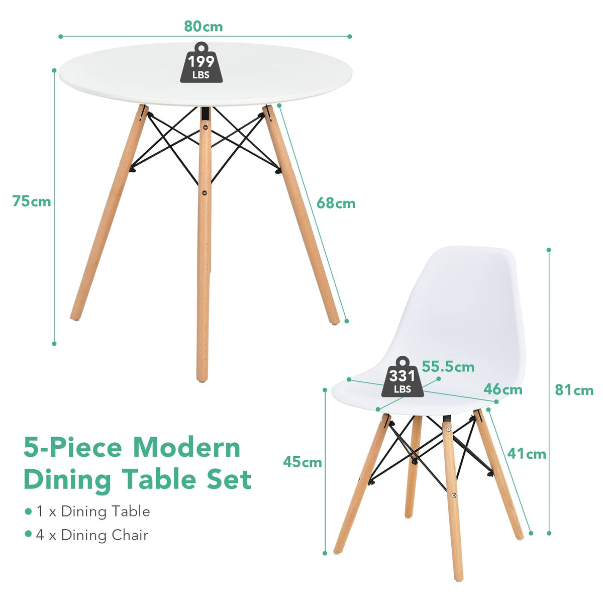 Giantex 5 PCS Dining Table Set, Modern Round Dining Table & 4 Chairs w/Solid Wood Leg, White