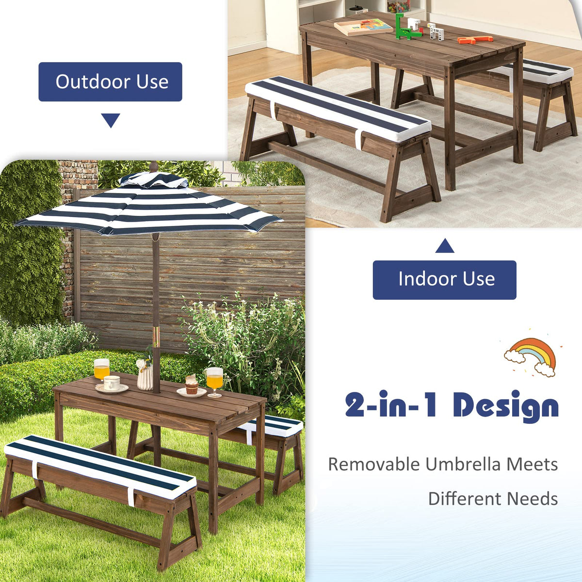 Kids Picnic Table and Bench Set, Toddler Wood Table Chairs w/Cushions