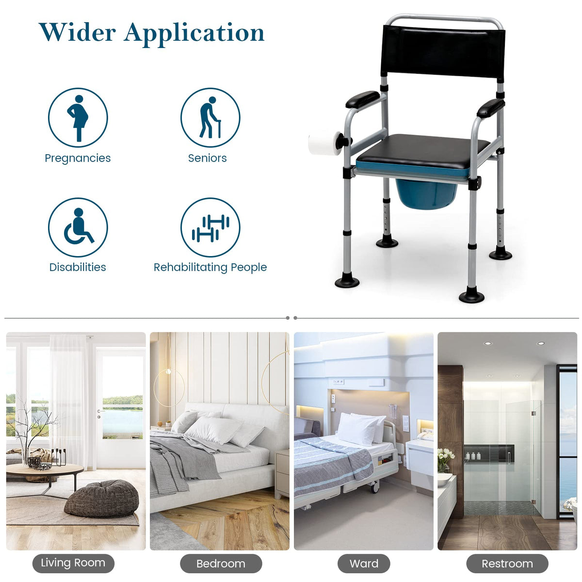 Folding Bedside Commode Chair Height Adjustable with Padded Seat and Backrest