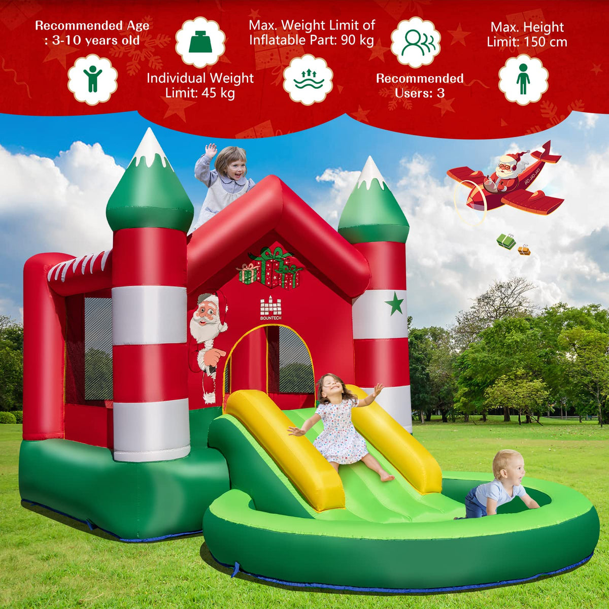 Inflatable Bounce House, Christmas Themed Jumping Castle w/Slide, Trampoline, Round Ball Pit Pool