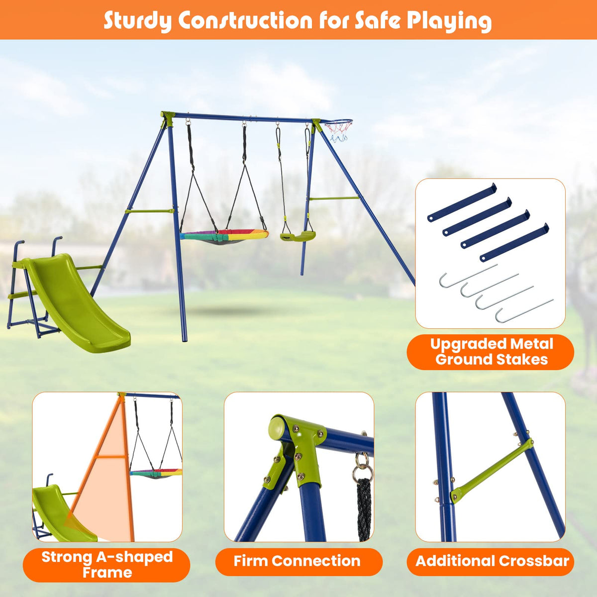 4-in-1 Swing Set Metal Playset with Slide Basketball Hoop