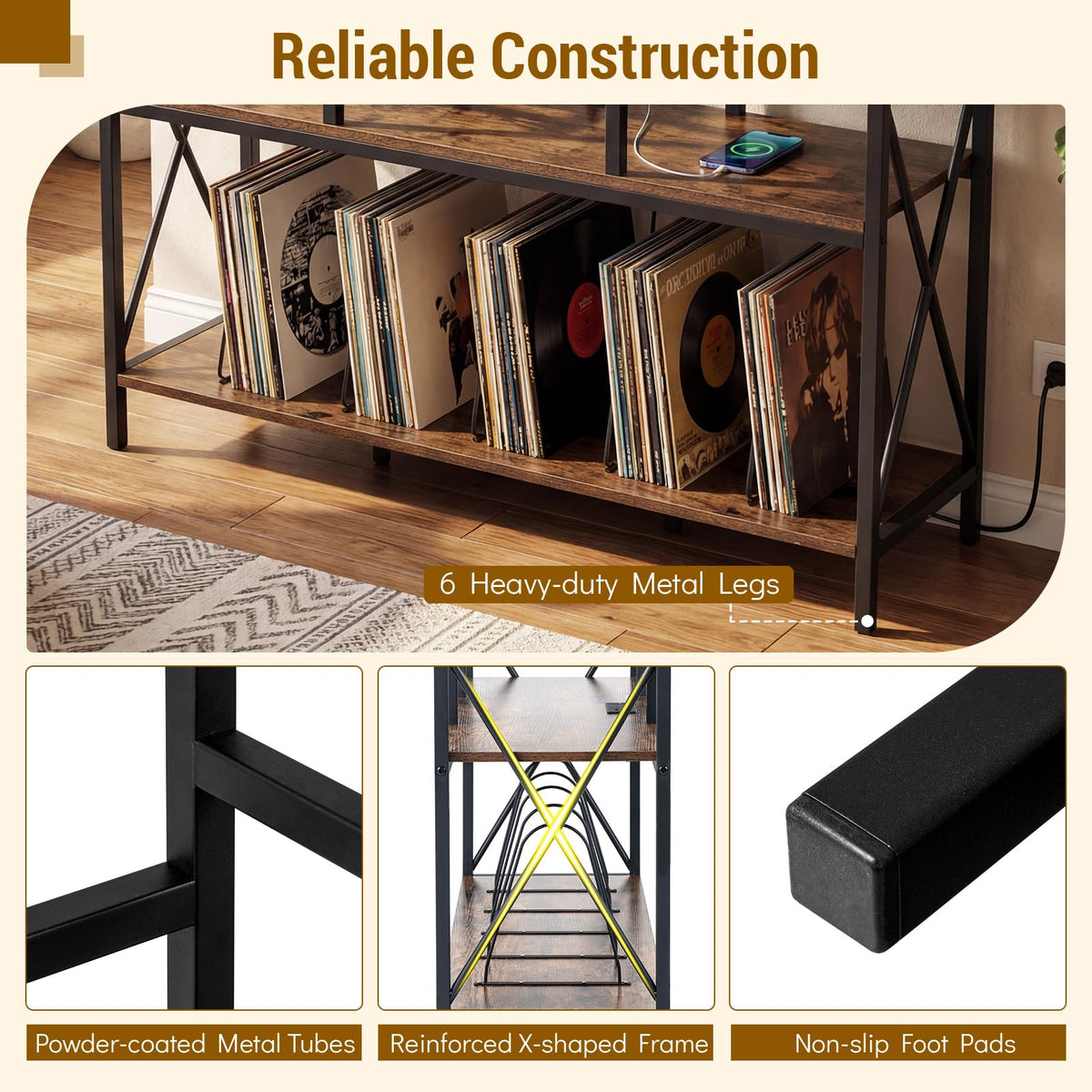 Record Player Stand with Vinyl Storage and Power Outlets for Albums