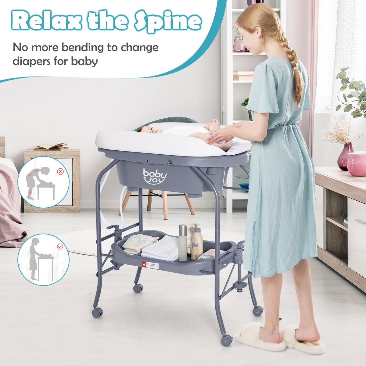 2 in 1 Baby Changing Table with Bathtub, Folding Diaper Dresser Station for Newborn Infant with Wheels