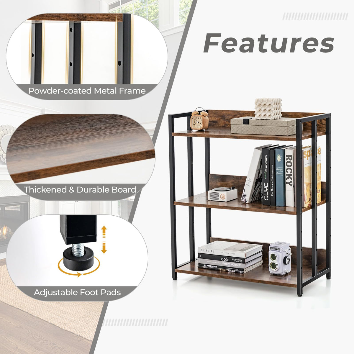 Giantex 3-Tier Bookshelf, Industrial Corner Storage Shelf with Adjustable Shelves & Metal Frame Anti-Toppling Device