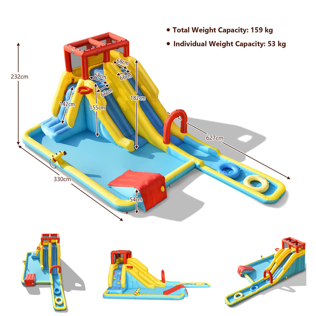 Inflatable Water Slide, 7-in-1 Double Long Slide Inflatable Water Park w/Climbing Wall