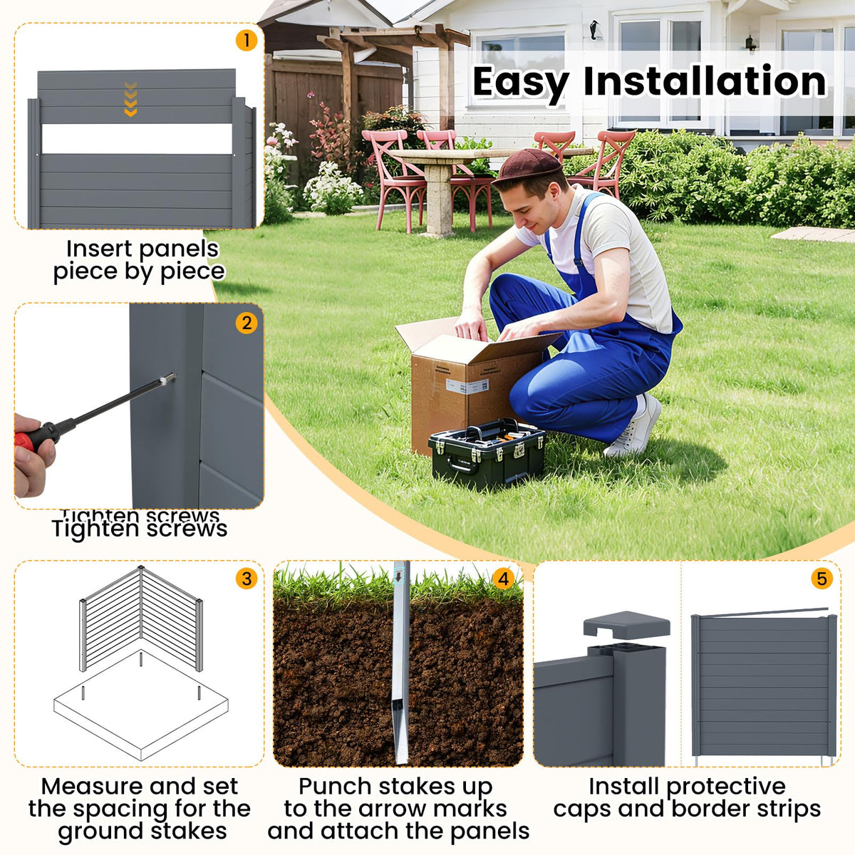 2 Panels 123cm x 123cm PP Privacy Fence Screen with Galvanized Ground Stakes