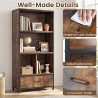 Industrial Freestanding Bookcase with 4 Storage Compartments and Large Fabric Drawer for Study