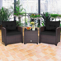 3 Pieces Patio Lounge Set, PE Rattan Wicker Outdoor Sofa Set w/Washable Cushion and Tempered Glass Tabletop