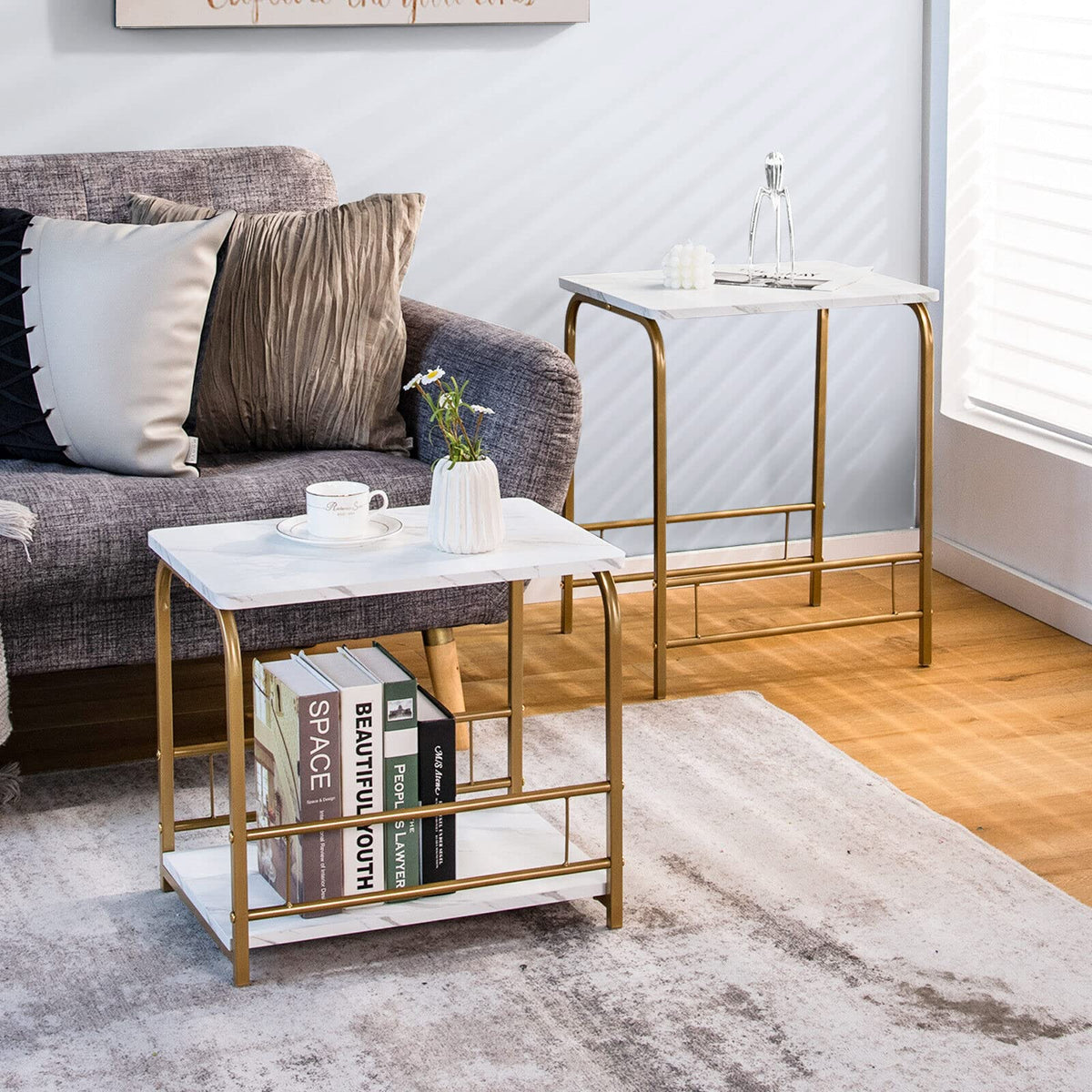 Giantex Set of 2 End Tables Nesting Coffee Side Table w/Faux Marble Top Steel