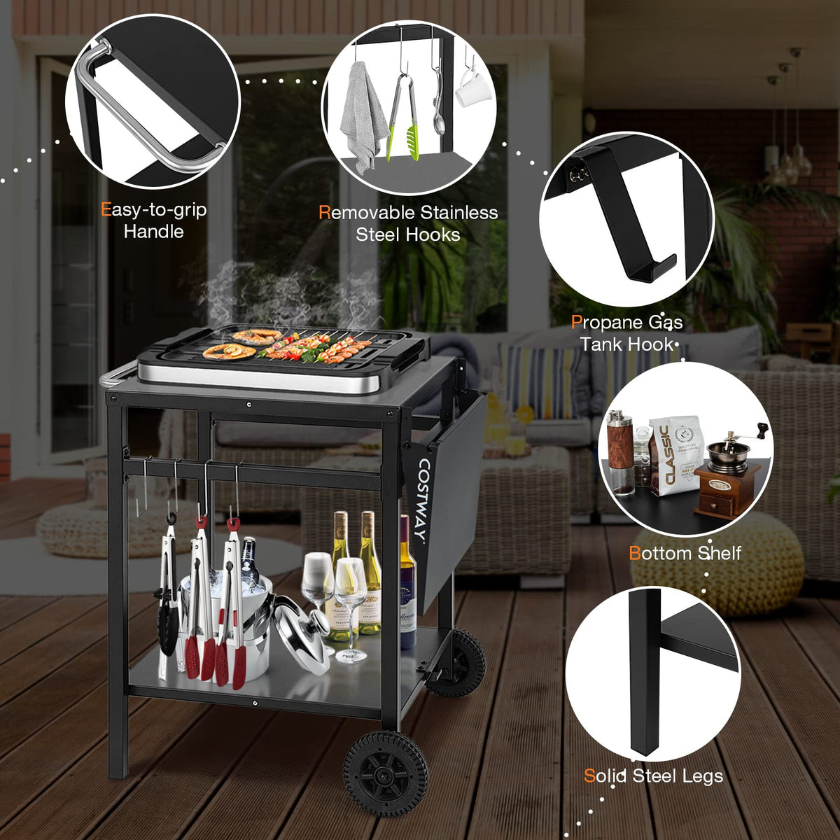 Movable Dining Cart Table, Double-Shelf Trolley with Folding Tabletop