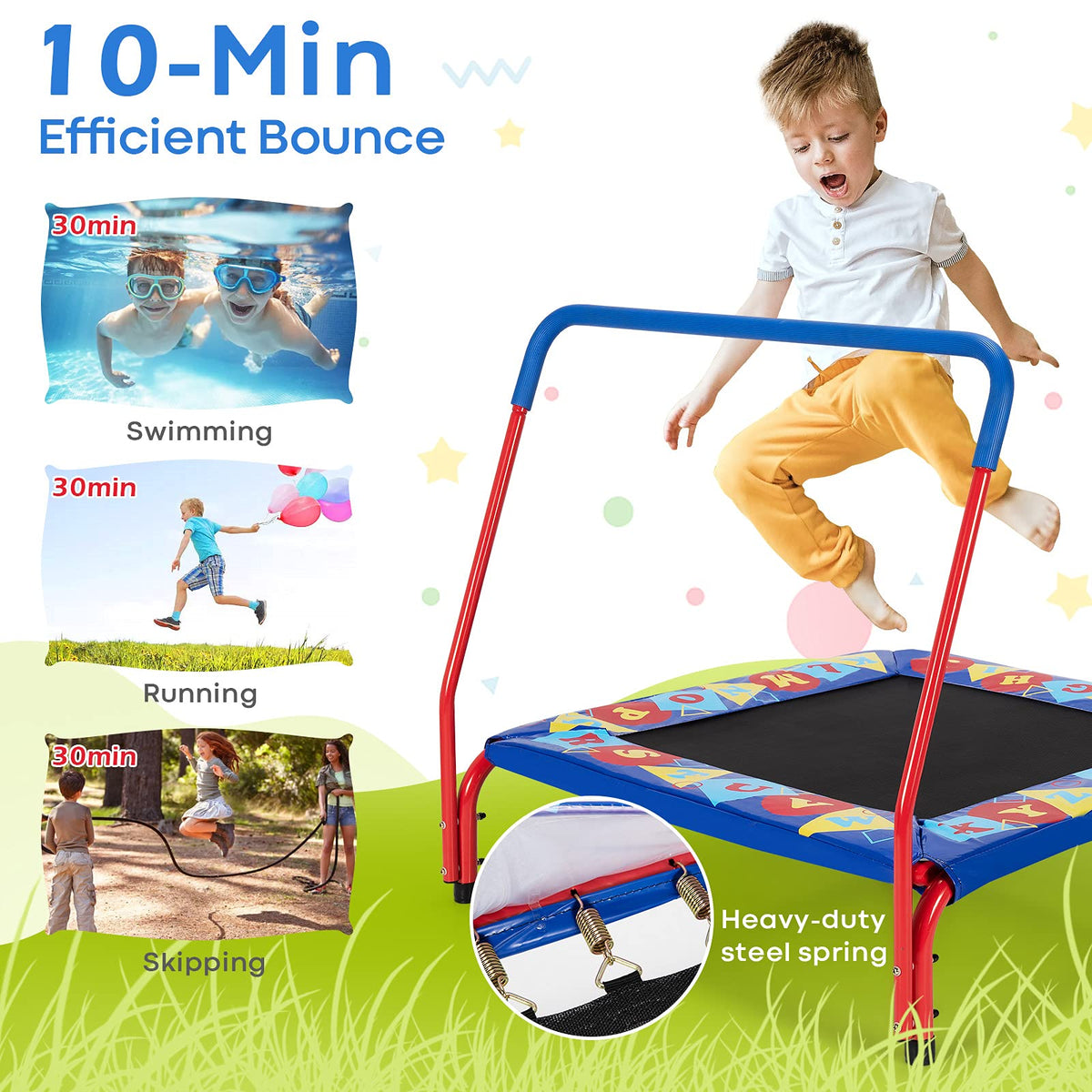 36” Square Toddler Trampoline, 150kg Load Mini Kids Trampoline W/Foam Covered Handle & Safety Padded Cover