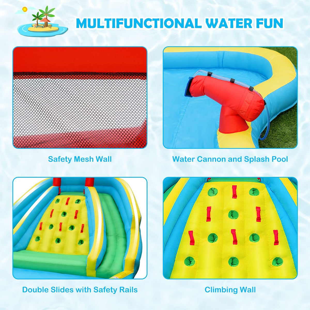 Inflatable Water Slide, 452 x 365 x 233CM Giant Water Park for Kids w/Double Long Slides, Climbing Wall(with 680W Blower)